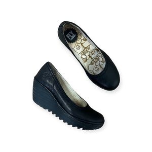 Fly London Yoni Black Leather Wedge Shoe